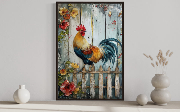 Rooster On The Fence Rustic Farmhouse Canvas Wall Art