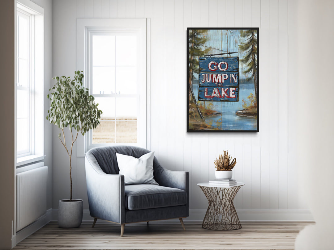 Go Jump In The Lake Rustic Lake House Framed Canvas Wall Art in lake house