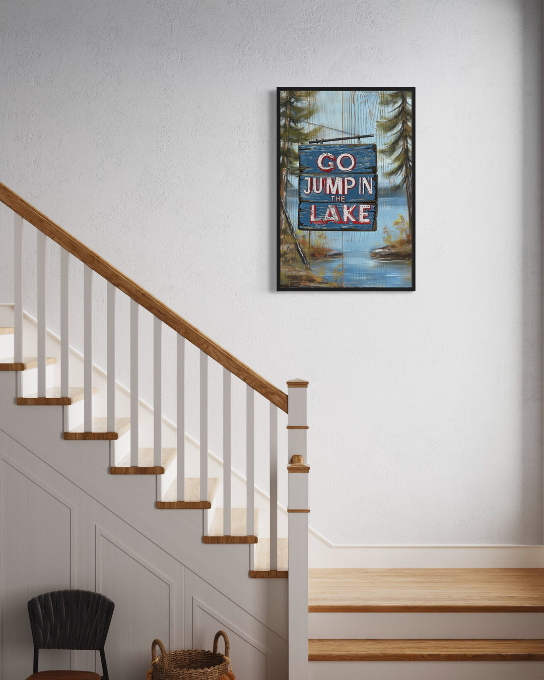 Go Jump In The Lake Rustic Lake House Framed Canvas Wall Art in lake house