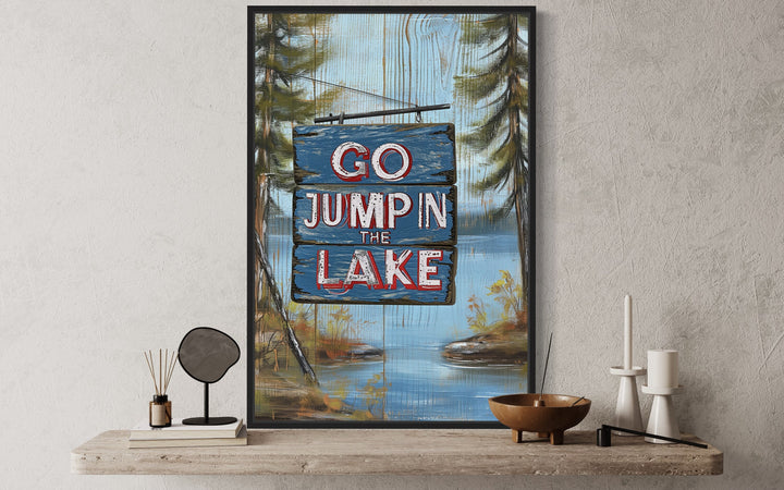 Go Jump In The Lake Rustic Lake House Framed Canvas Wall Art