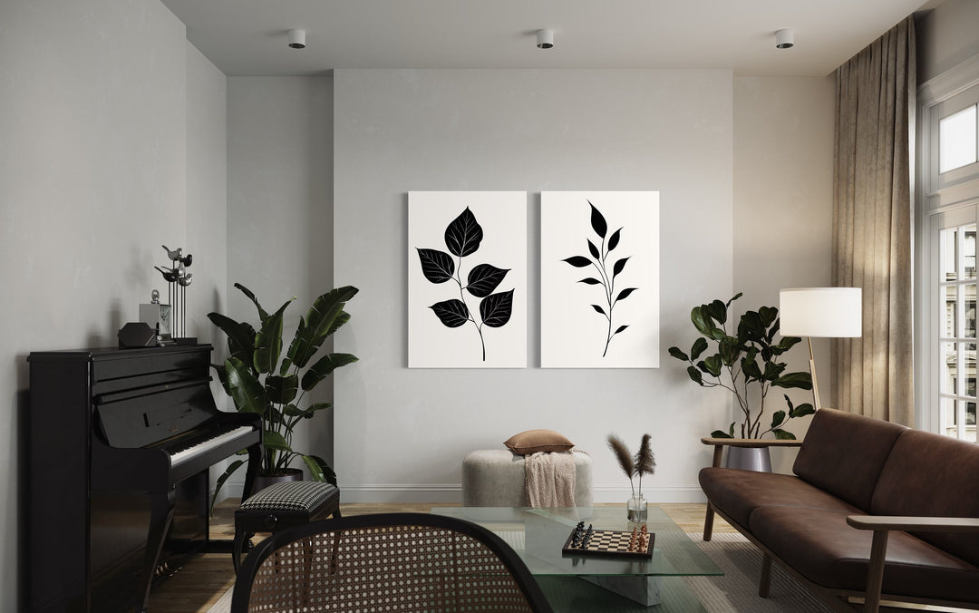 Set of 2 Minimalist Black Leaves On White Background Botanical Wall Art in living room