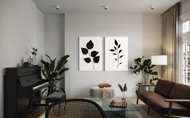 Set of 2 Minimalist Black Leaves On White Background Botanical Wall Art in living room