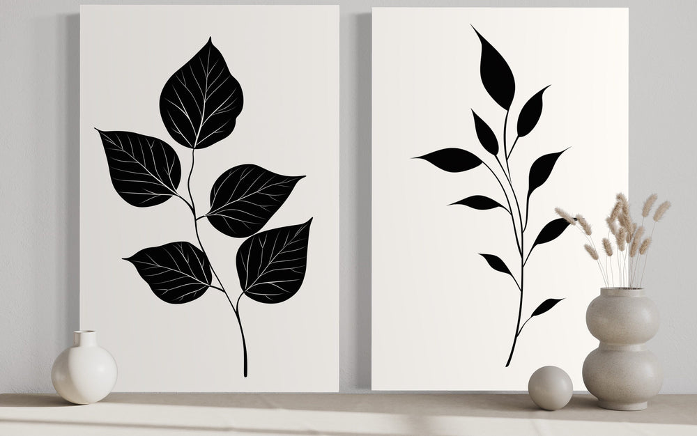 Set of 2 Minimalist Black Leaves On White Background Botanical Wall Art close up