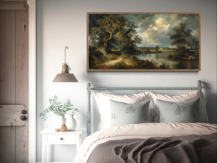 Vintage Lake Landscape Framed Canvas Wall Art above bed