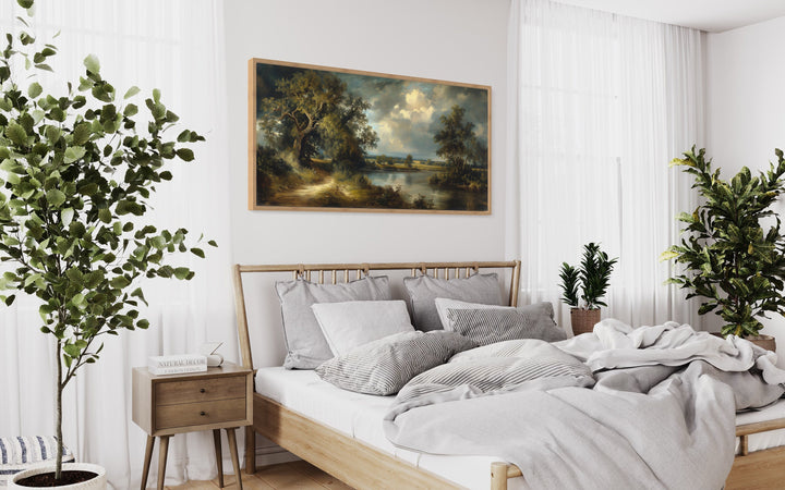 Vintage Lake Landscape Framed Canvas Wall Art above bed