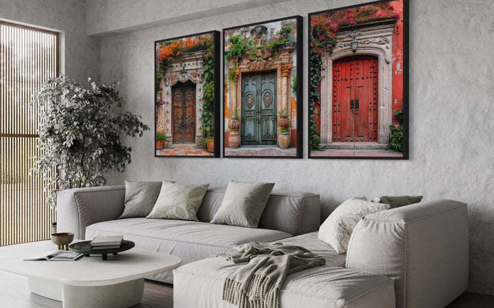 Set Of Three Mexican Doors Wall Art above grey couch