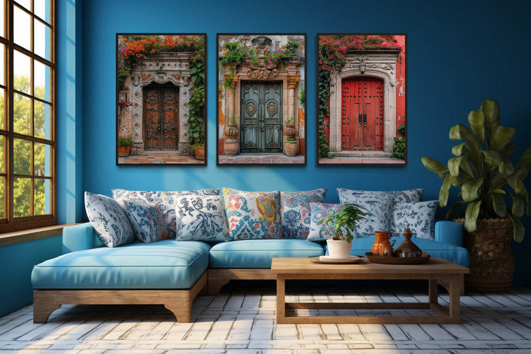 Set Of Three Mexican Doors Wall Art in blue room with couch