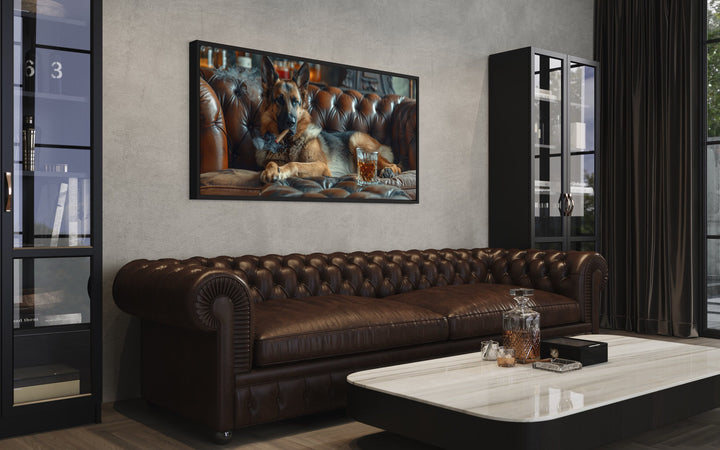 German Shepherd On Couch Smoking Cigar Wall Art in the home bar