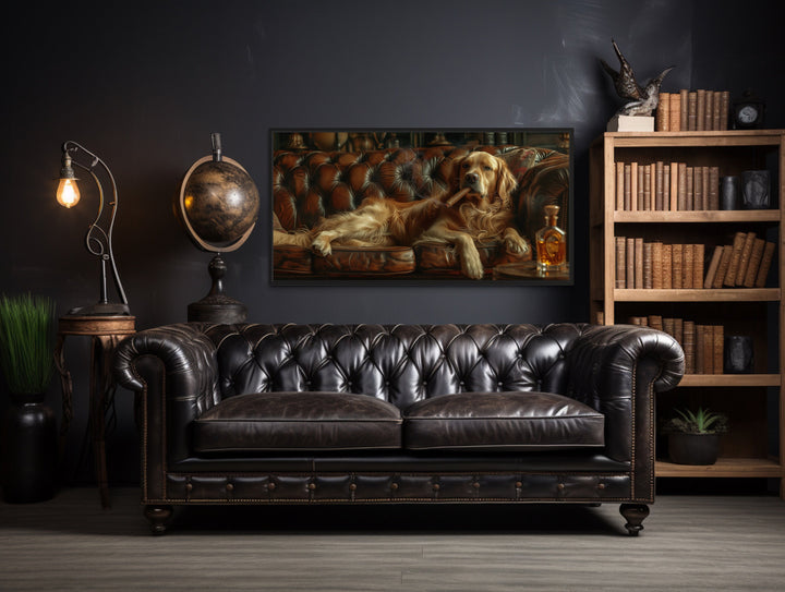 Golden Retriever On Couch Smoking Cigar Drinking Whiskey Framed Canvas Wall Art in man cave