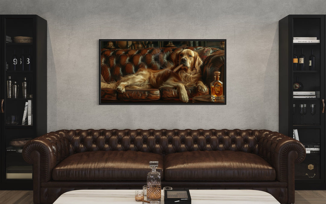 Golden Retriever On Couch Smoking Cigar Drinking Whiskey Framed Canvas Wall Art