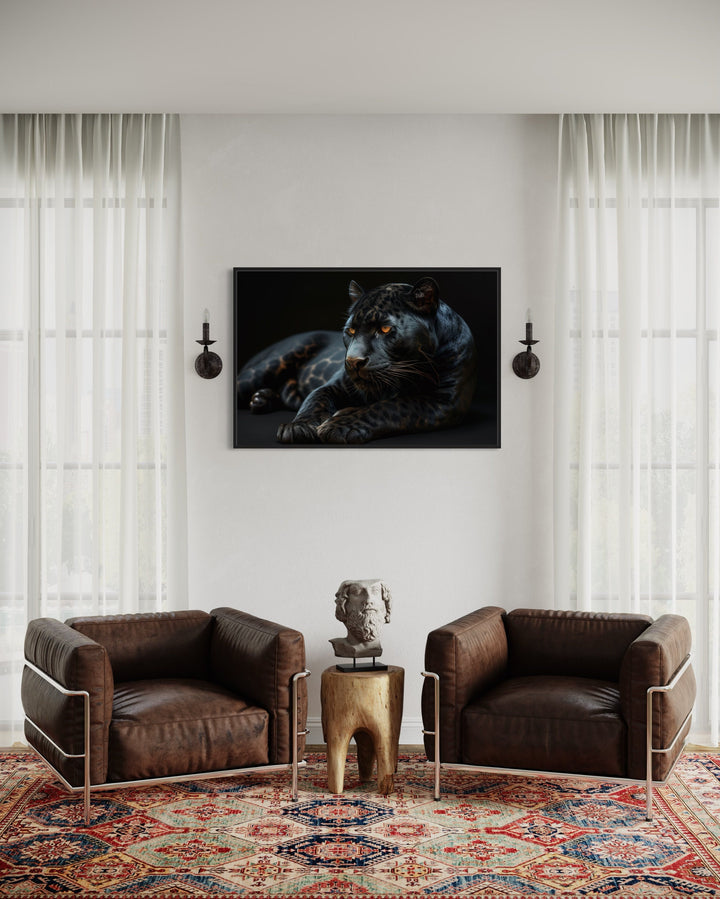 Black Panther On Black Background Framed Canvas Wall Art between two chairs