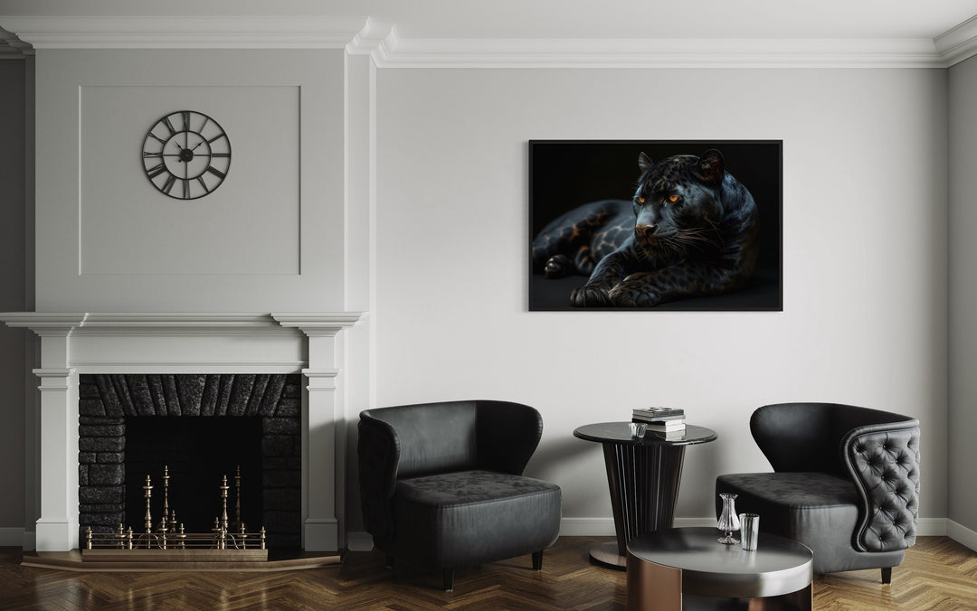 Black Panther On Black Background Framed Canvas Wall Art in the office