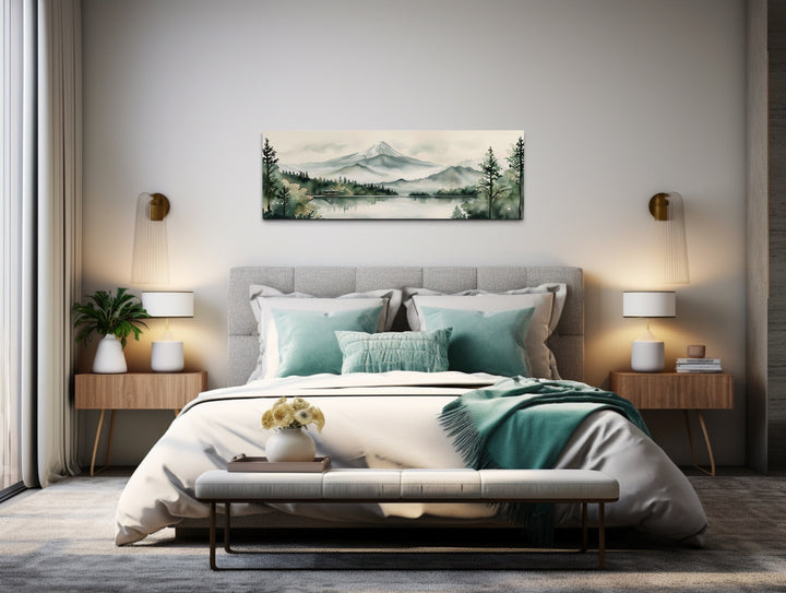 Mount Fuji And Lake Landscape Long Horizontal Framed Canvas Wall Art above bed