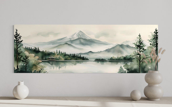 Mount Fuji And Lake Landscape Long Horizontal Framed Canvas Wall Art close up