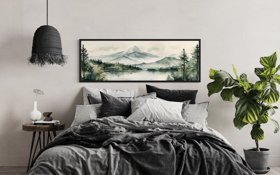 Mount Fuji And Lake Landscape Long Horizontal Framed Canvas Wall Art above black bed