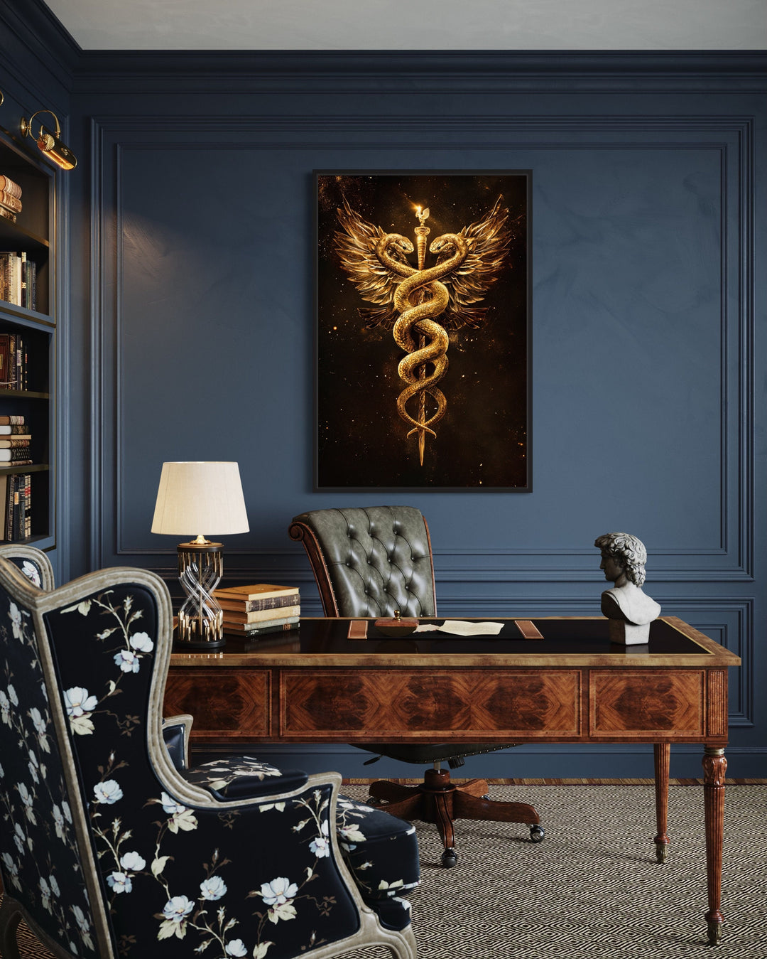 Gold Black Caduceus Framed Canvas Wall Art in the office