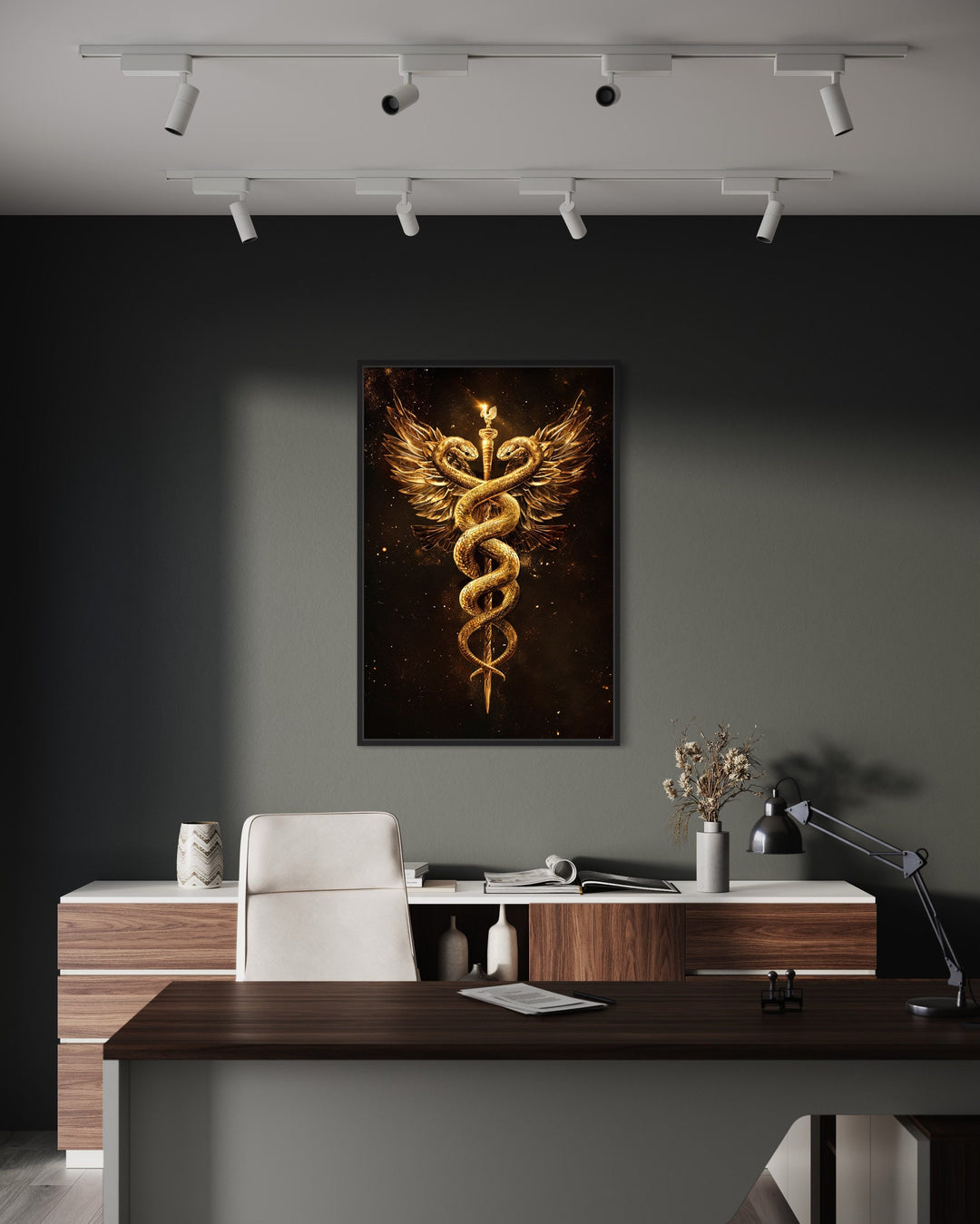 Gold Black Caduceus Framed Canvas Wall Art in the office