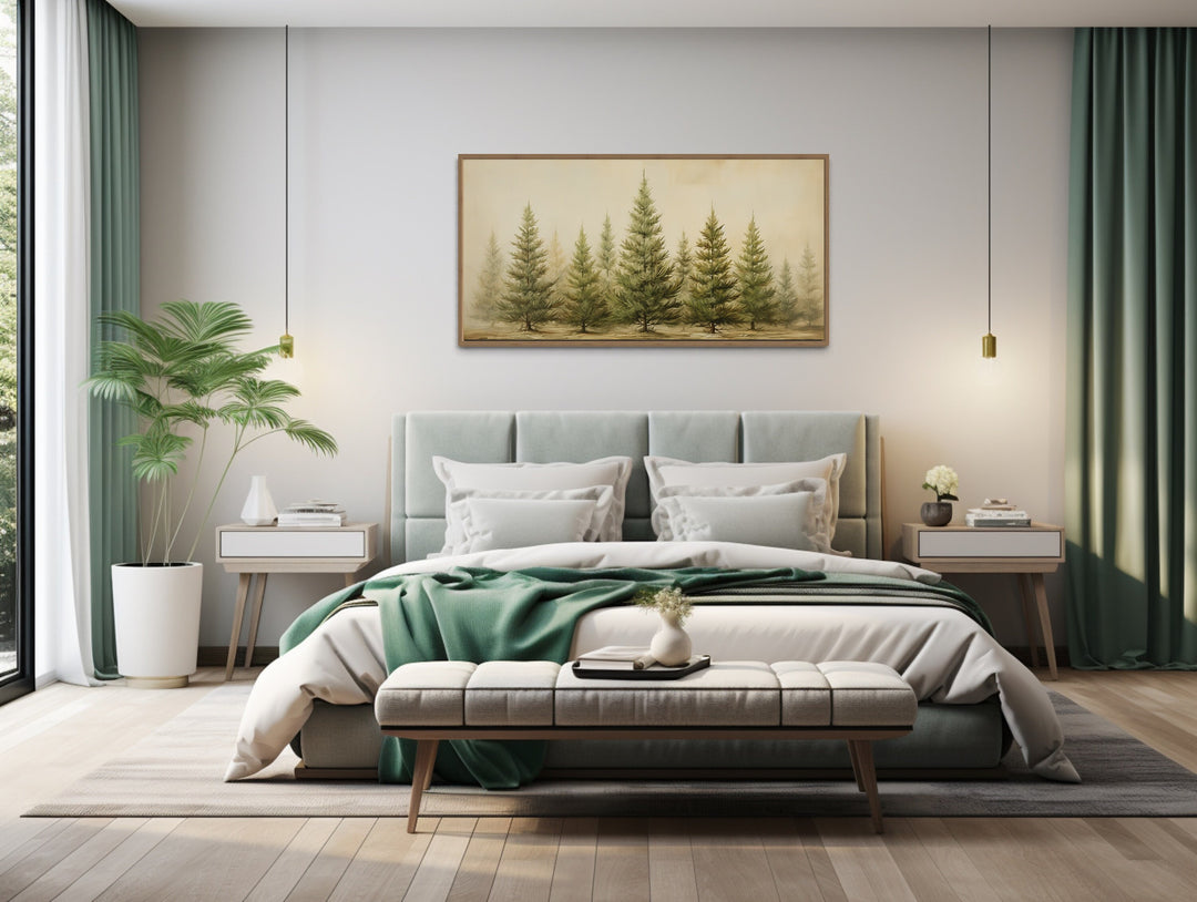 Fir Tree Forest Sage Green Framed Canvas Wall Art above bed