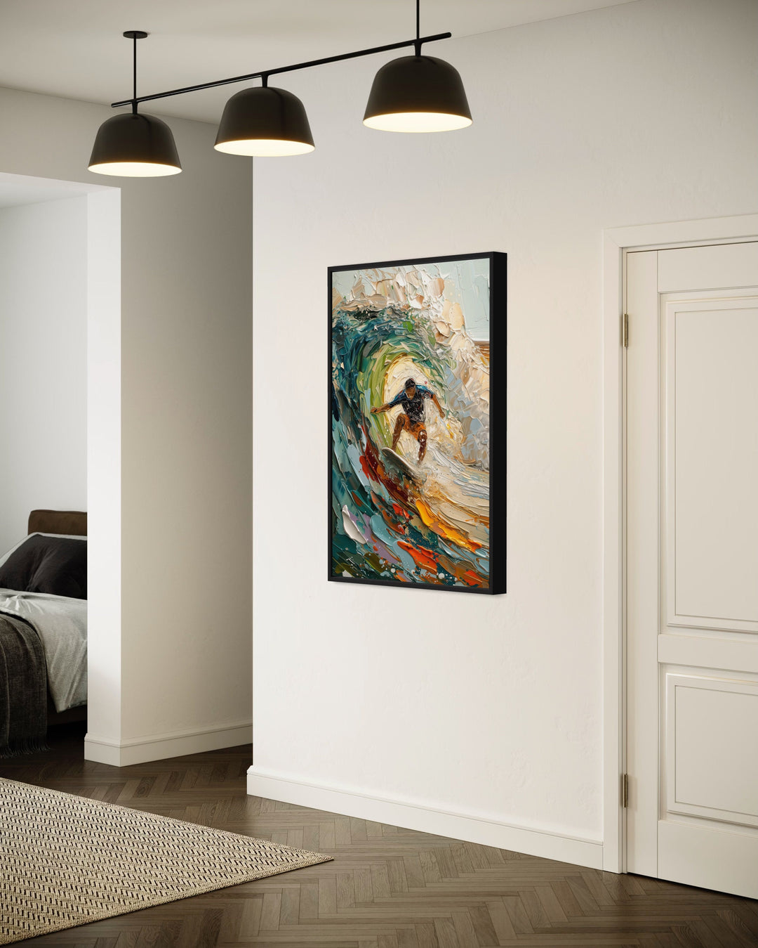 Surfer Riding A Wave Framed Canvas Wall Art in living room