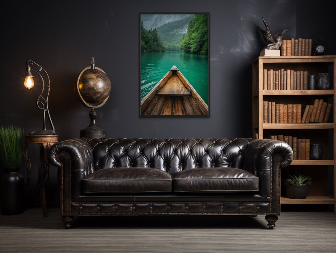Wooden Canoe In Emerald Green Lake Vertical Art "Verdant Voyage" in modern office