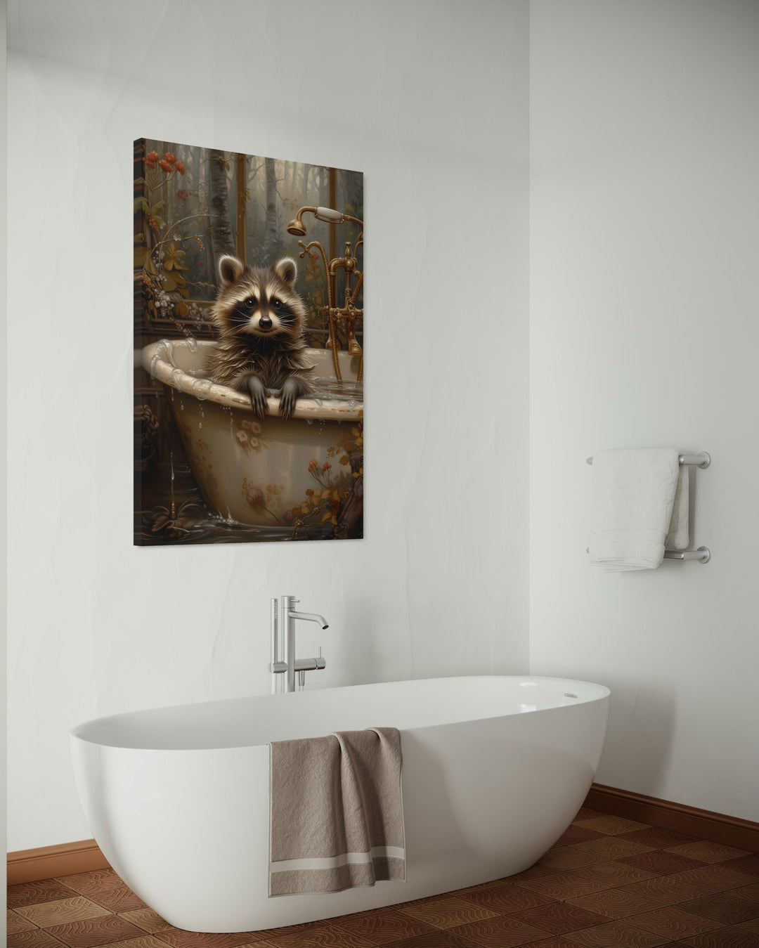 Raccoon In The Bathtub Framed Canvas Wall Art in white bathroom