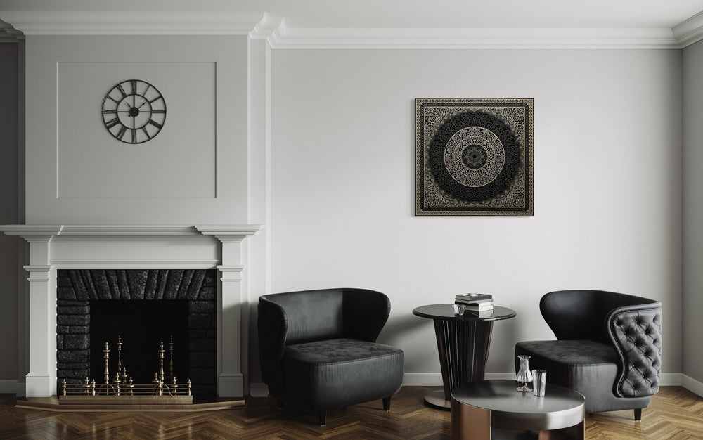Mandala Boho Black Grey Indian Wall Art "Mandala Essence" in modern room with black armchairs