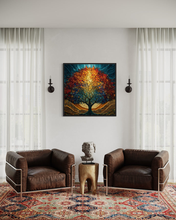 Tree Of Life Stained Glass Style Yggdrasil Square Framed Canvas Wall Art in living room