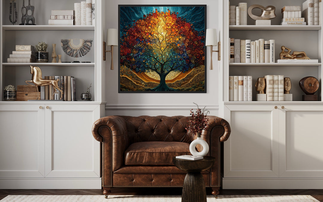 Tree Of Life Stained Glass Style Yggdrasil Square Framed Canvas Wall Art above armchair