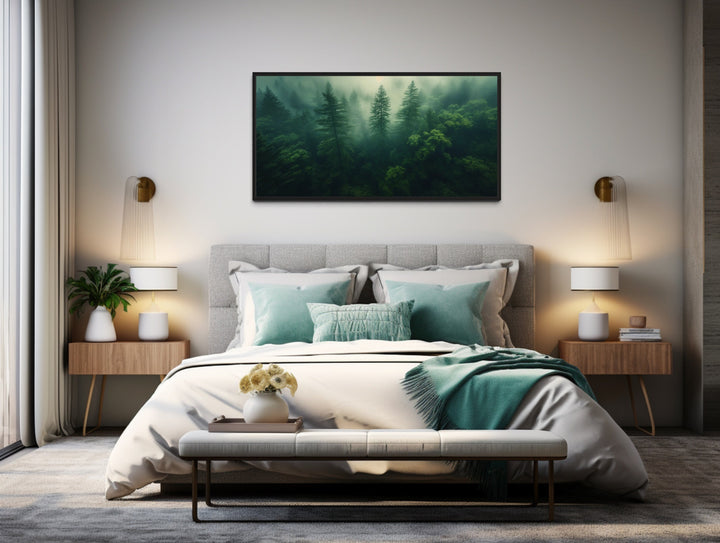 Moody Foggy Forest Framed Canvas Wall Art above bed