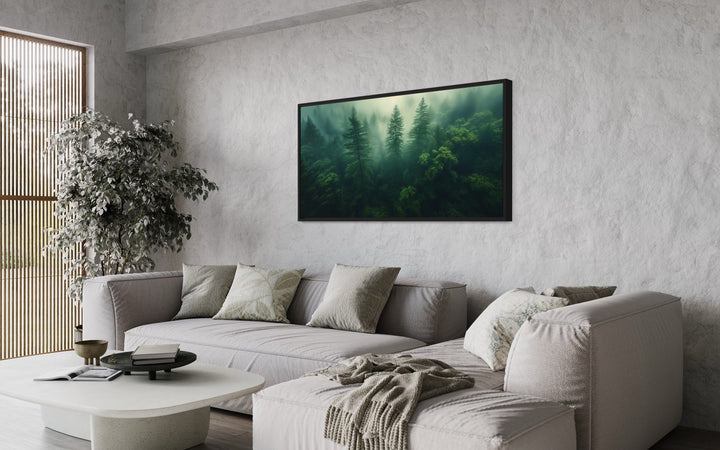 Moody Foggy Forest Framed Canvas Wall Art above grey couch