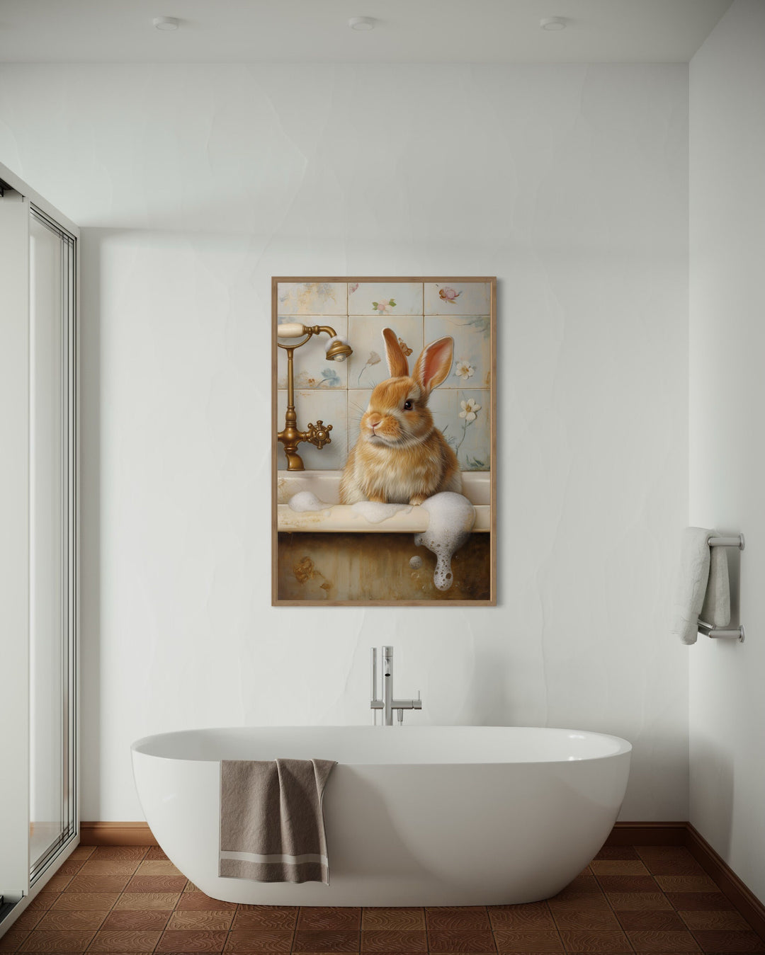 Bunny In The Bathtub poster in a bathroom