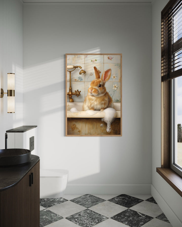 Bunny In The Bathtub Framed Canvas Wall Art in a bathroom