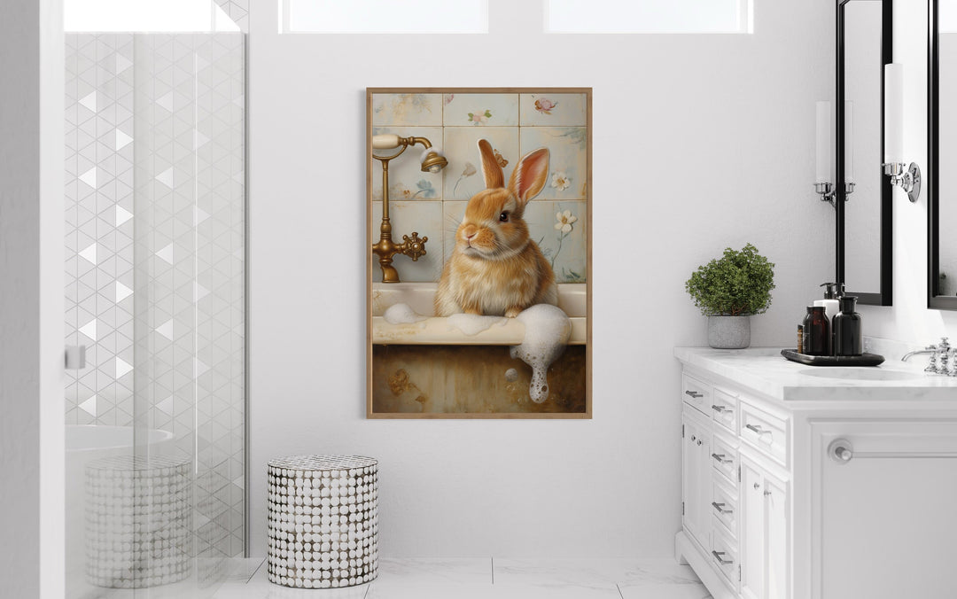 Bunny In The Bathtub Framed Canvas Wall Art in a washroom