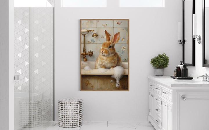 Bunny In The Bathtub Framed Canvas Wall Art in a washroom