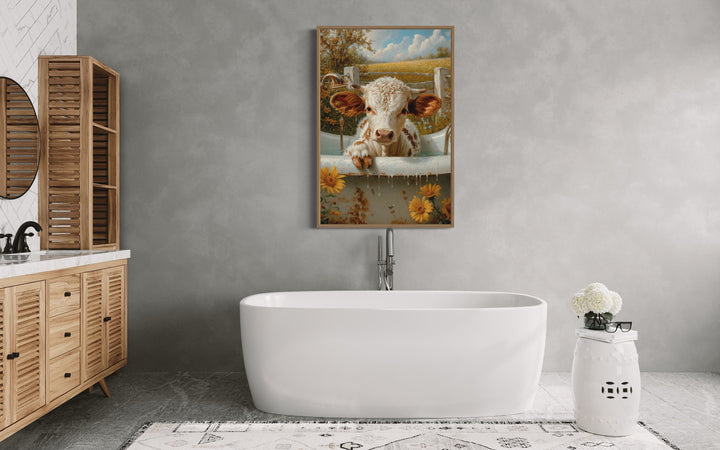 Baby Highland Cow Calf In The Bathtub Framed Canvas Wall Art in bathroom