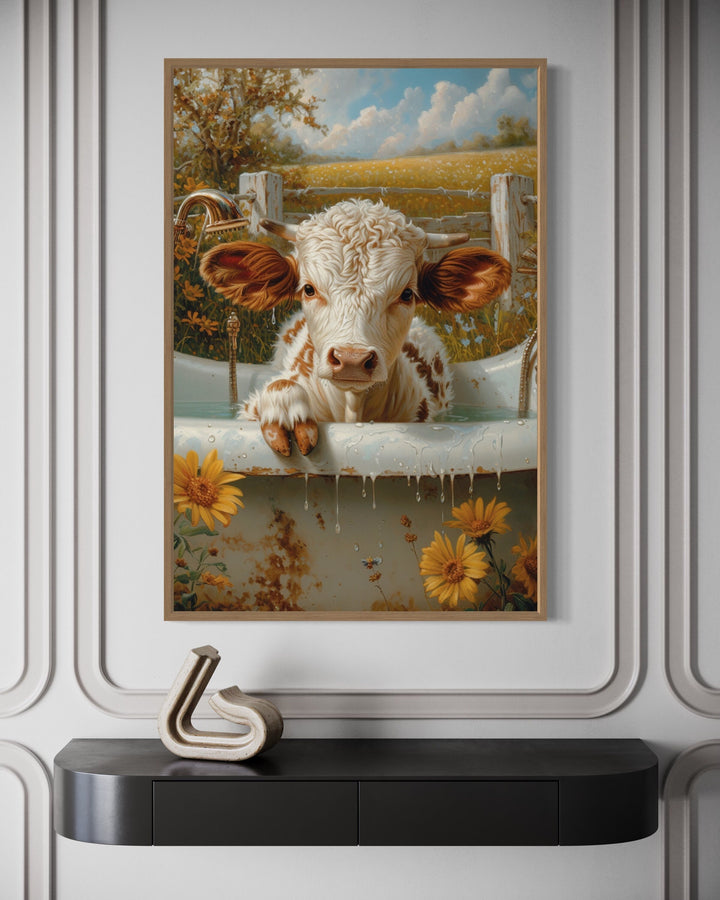 Baby Highland Cow Calf In The Bathtub Framed Canvas Wall Art