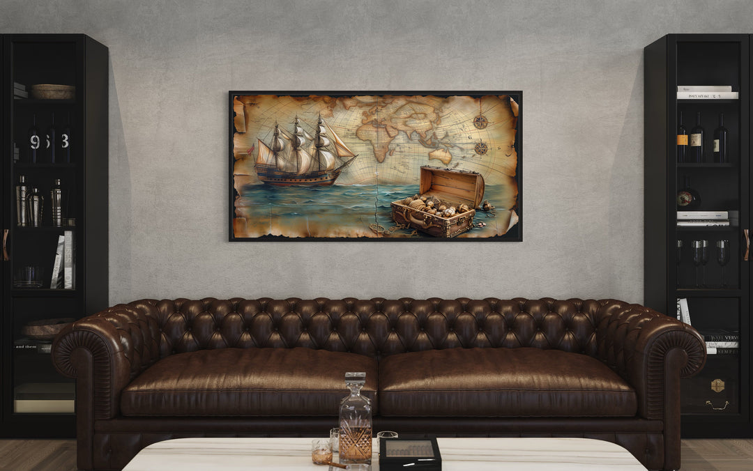 Pirate Ship On Vintage Map Nautical Wall Art in game room