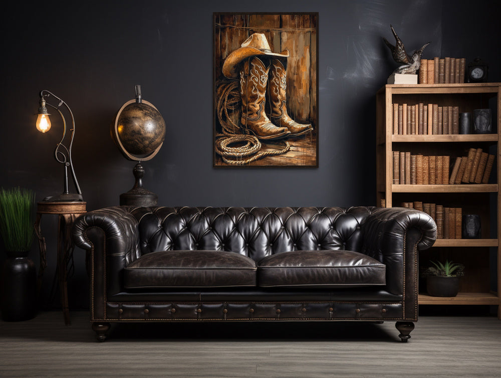 Cowboy Boots And Hat Framed Canvas Wall Art in man cave