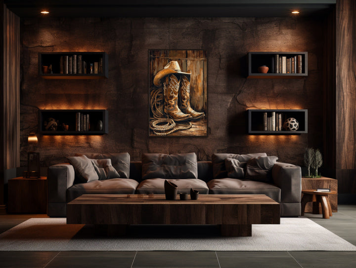 Cowboy Boots And Hat Framed Southwestern Wall Decor in man cave