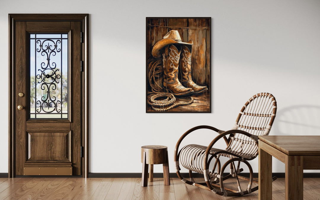 Cowboy Boots And Hat Framed Southwestern Wall Decor in rustic room