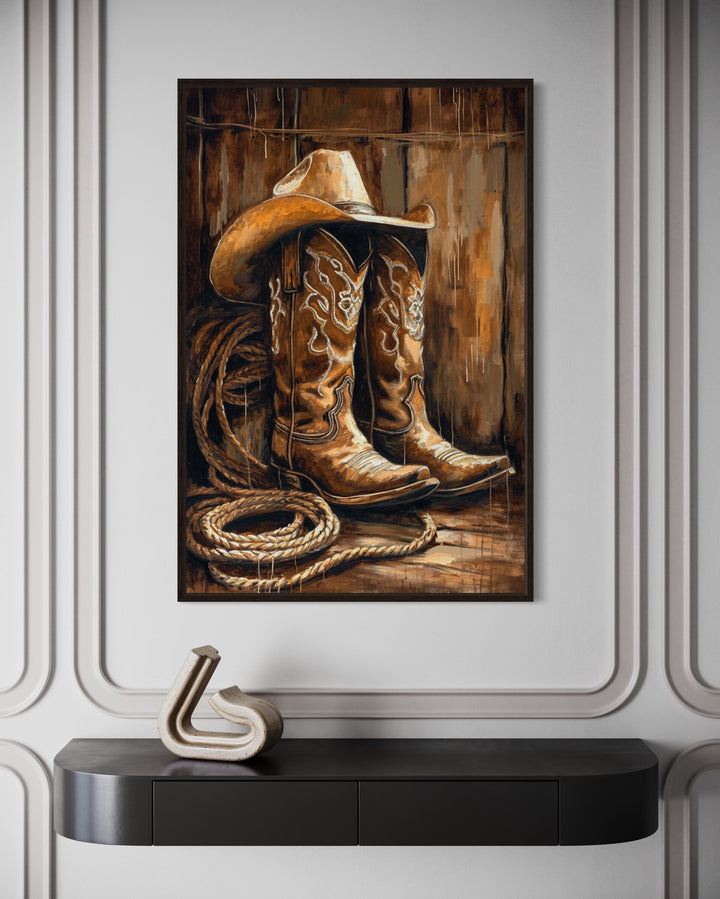 Cowboy Boots And Hat Framed Southwestern Wall Decor close up