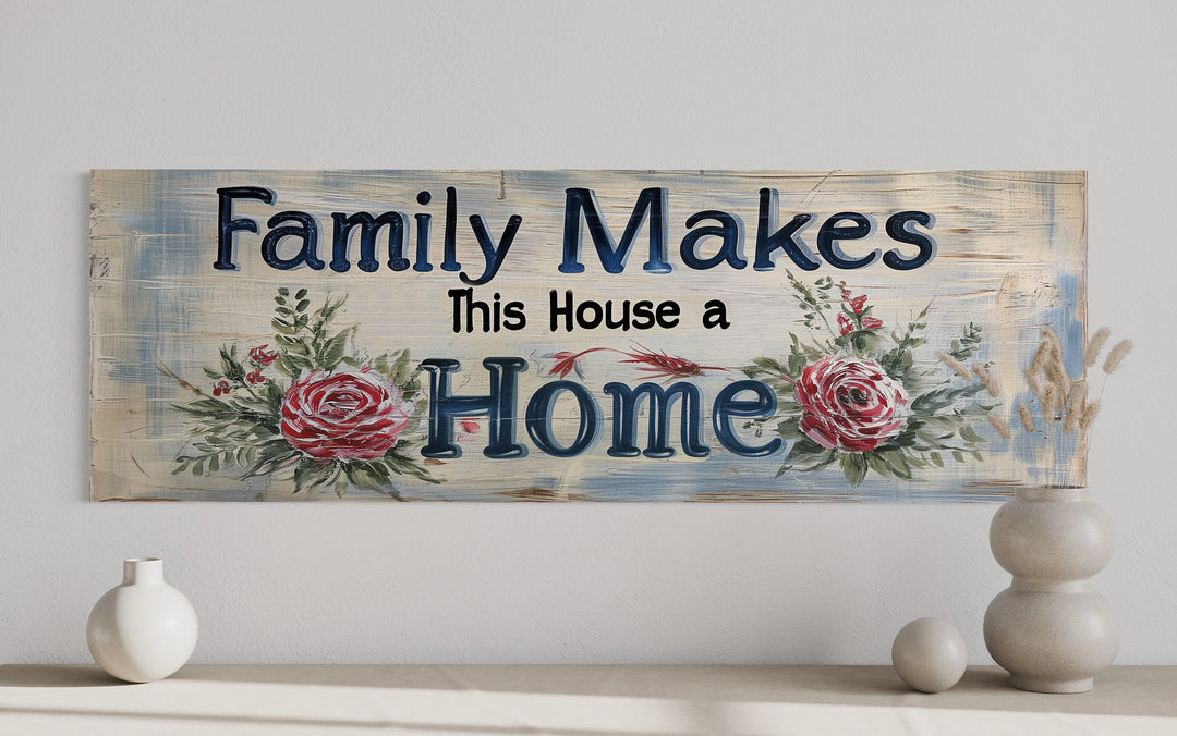 Family Makes This House A Home Sign Narrow Long Framed Canvas Wall Art close up