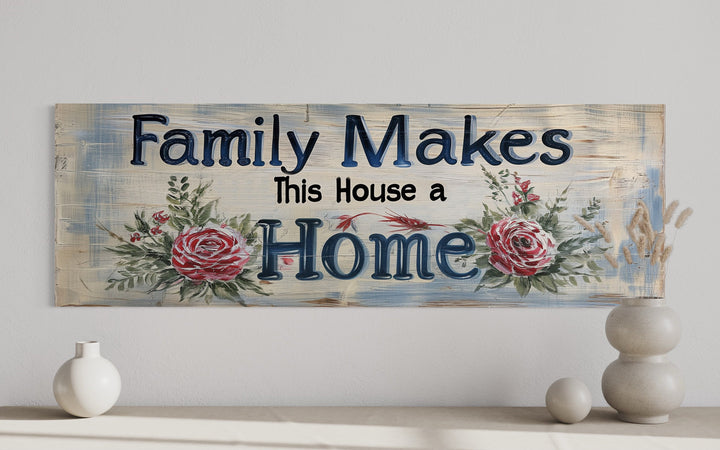 Family Makes This House A Home Sign Narrow Long Framed Canvas Wall Art close up