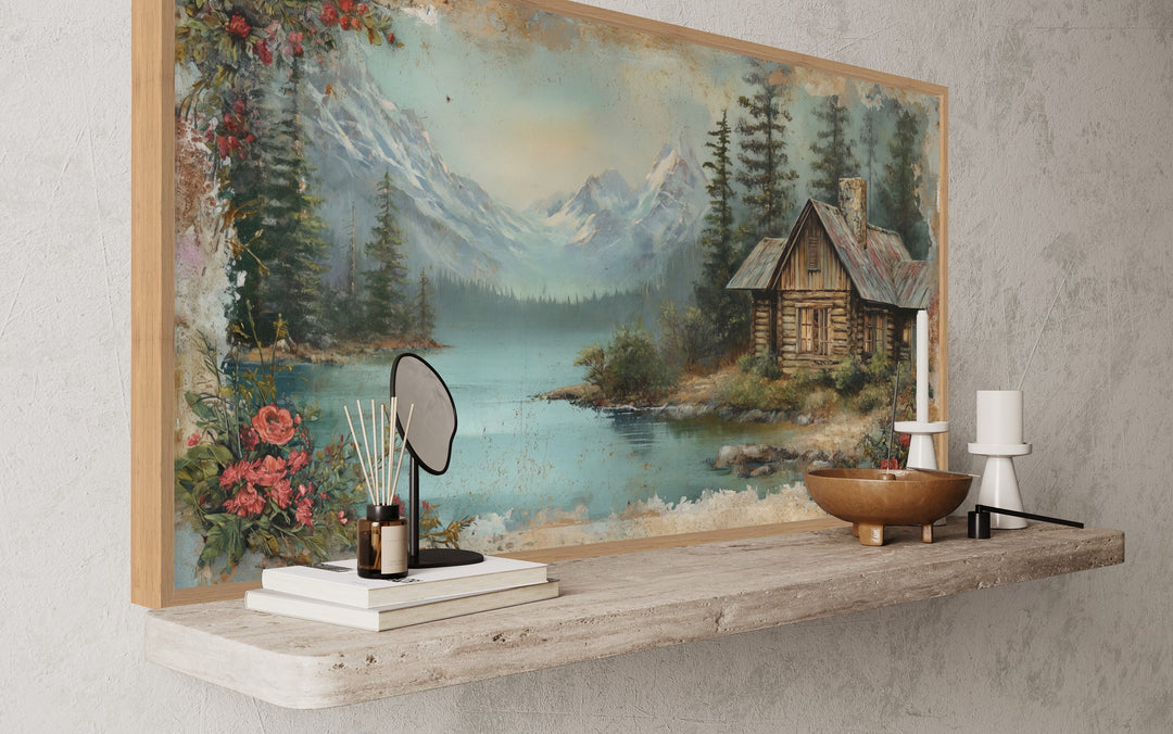 Rustic Mountain Cabin Painting On Wood Framed Canvas Wall Art side view