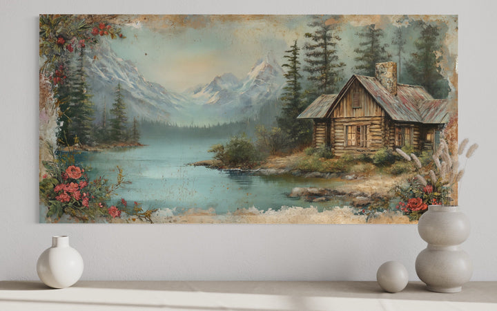 Rustic Mountain Cabin Painting On Wood Framed Canvas Wall Art close up