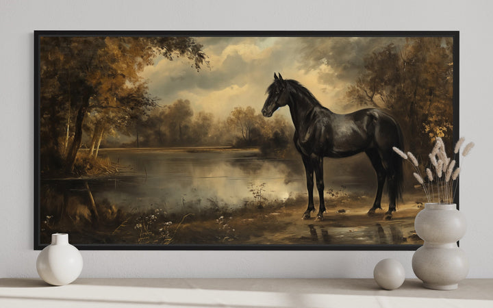 Vintage Black Horse Painting Canvas Wall Art close up