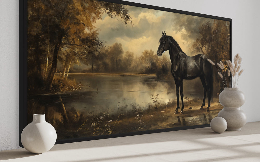 Vintage Black Horse Painting Canvas Wall Art close up side view