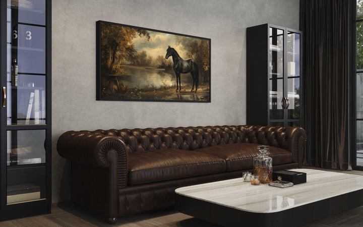 Vintage Black Horse Painting Canvas Wall Art above brown couch