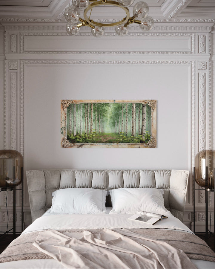 Birch Trees Forest In Summer Rustic Framed Canvas Wall Art above bed