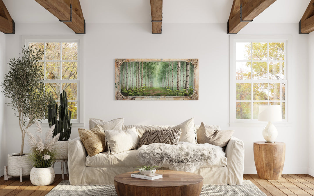 Birch Trees Forest In Summer Rustic Framed Canvas Wall Art above beige couch